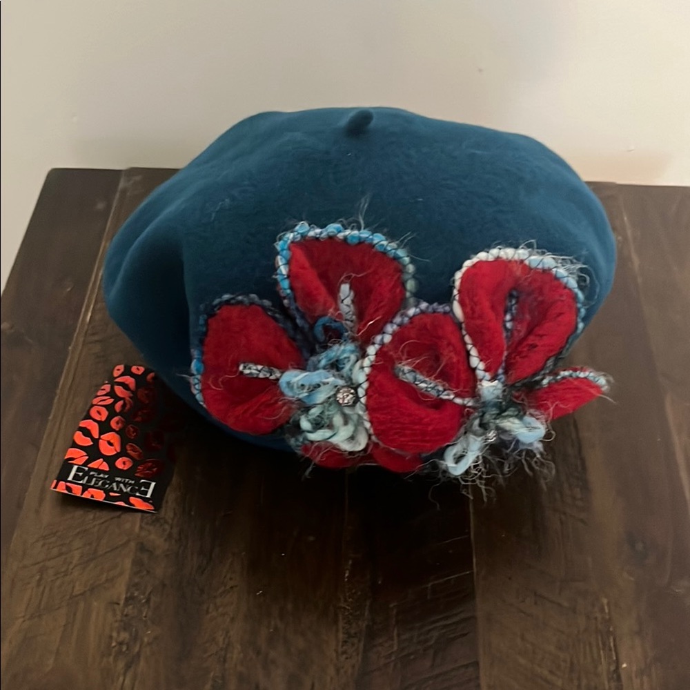 Chic Blue and Red Beret with Floral Accents